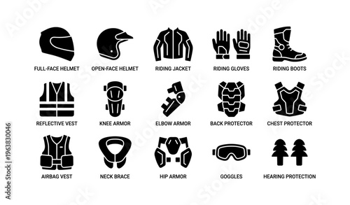 Motorcycle safety gear icons set: helmets, jackets, gloves, boots, armor, goggles