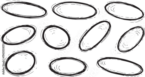 Hand drawn black and white oval shapes collection. Sketchy Ellipse Set: A series of hand-drawn ellipses in varying styles, offering a versatile