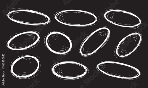 Hand drawn black and white oval shapes collection. Sketchy Ellipse Set: A series of hand-drawn ellipses in varying styles, offering a versatile