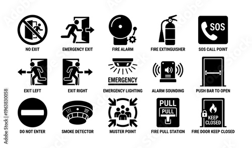 Emergency sign icons: no exit, fire alarm, sos, smoke detector, muster point