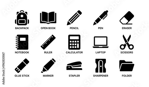 School supplies icons: backpack, books, writing tools, and more