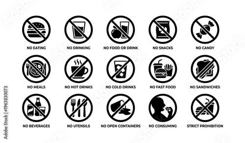 Prohibition signs for food and drink restrictions in various scenarios