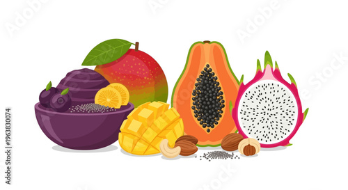 Colorful illustration of exotic fruits and nuts on a white background with bowl