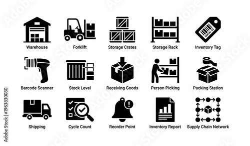 Warehouse logistics icons set featuring forklift and storage solutions