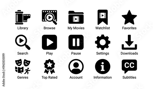 Media app icons set including play, pause, search, and settings
