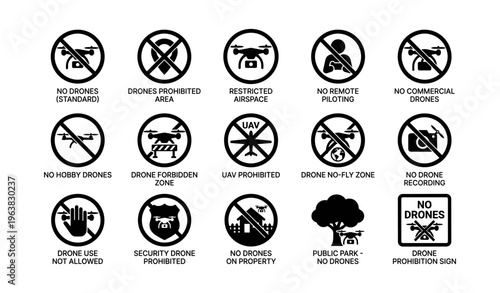 Drone prohibition signs and symbols in multiple formats