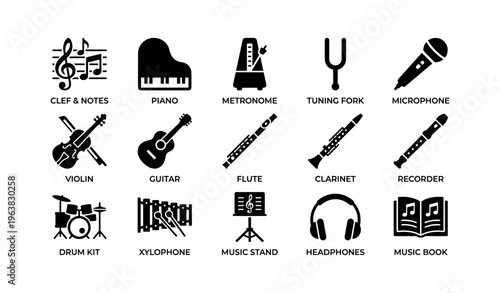 Musical instruments icons: piano, violin, guitar, and more