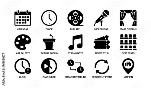Set of icons: calendar, clock, film reel, microphone, stage curtains, art palette