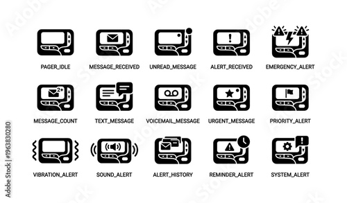 Black and white pager icons collection: alerts, messages, and system notifications
