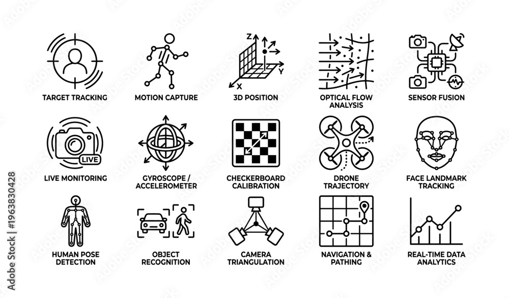Fototapeta premium Icons of technology: motion, sensors, drones, and data analysis