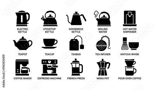 Black silhouette icons of various tea and coffee brewing tools