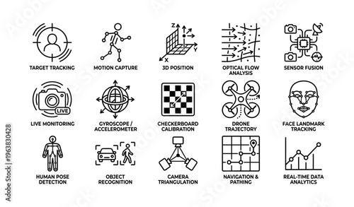 Icons of technology: motion, sensors, drones, and data analysis