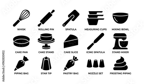 Baking tools icons: whisk, rolling pin, spatula, measuring cups, mixing bowl