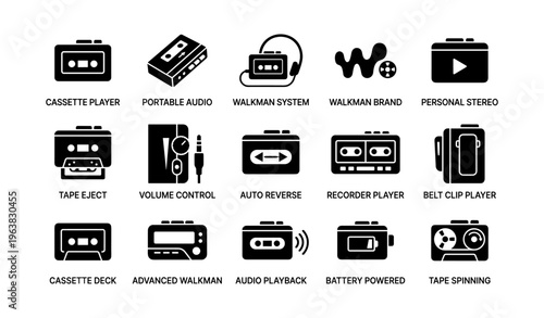 Collection of vintage audio devices: cassette players and walkman systems icons