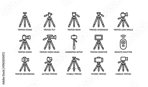 Various types of tripods and accessories for photography and videography