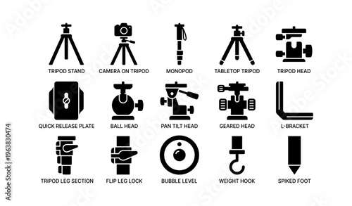 Photography equipment icons: tripods, heads, and accessories