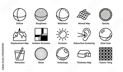 Visual icons for 3d rendering: diffuse, roughness, metalness, normal map, opacity