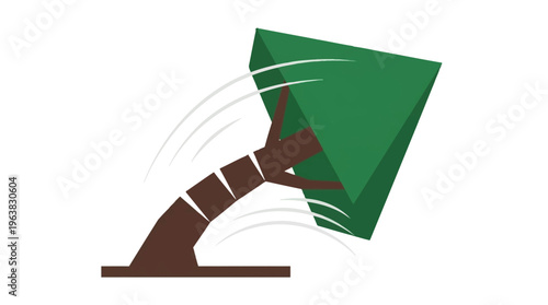 Minimal flat vector icon of large tree falling with directional motion lines, simplified canopy and trunk segmentation, dynamic composition,