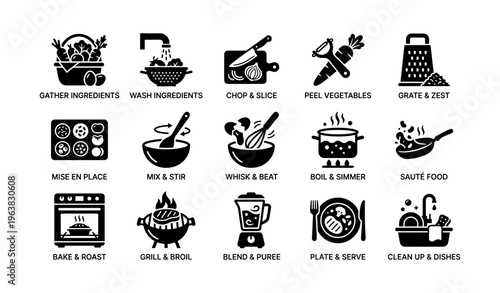 Kitchen icons representing cooking techniques and utensils