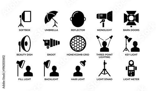 Studio lighting equipment icons: softbox, umbrella, reflector, monolight, barn doors