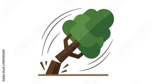 Minimal flat vector icon of large tree falling with directional motion lines, simplified canopy and trunk segmentation, dynamic composition,