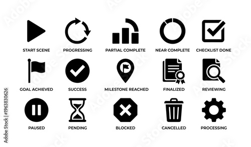 Set of completion and progress icons for tasks and goals management