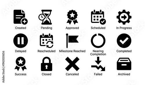 Project management icons: tasks, milestones, and status indicators