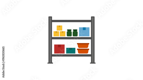 Minimal flat vector icon of small warehouse shelf with packaged goods for home industry storage, isolated on white background