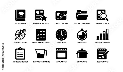 Recipe icons: book, search, guide, time management, cooking tools