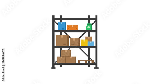 Minimal flat vector icon of small warehouse shelf with packaged goods for home industry storage, isolated on white background