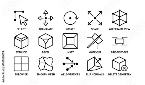 3d modeling tool icons: select, translate, rotate, scale, wireframe, extrude, bevel, inset, cut