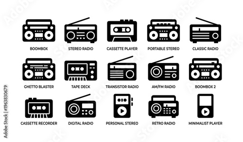 Collection of retro and modern radio icons including boombox and cassette player