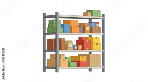 Minimal flat vector icon of small warehouse shelf with packaged goods for home industry storage, isolated on white background
