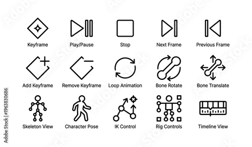Animation control icons: keyframe, play, stop, loop, skeleton, rig, timeline