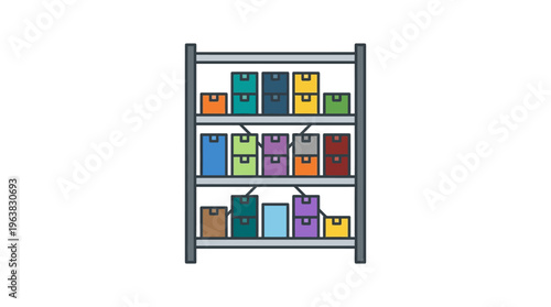 Minimal flat vector icon of small warehouse shelf with packaged goods for home industry storage, isolated on white background