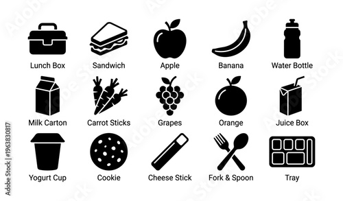 Lunch essentials: icons of snacks and drinks for kids