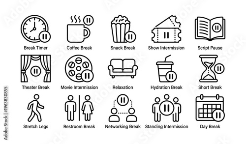 Icon set representing various break activities with 16 simple line illustrations