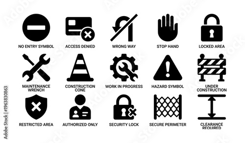 Set of 16 black and white safety and security symbols
