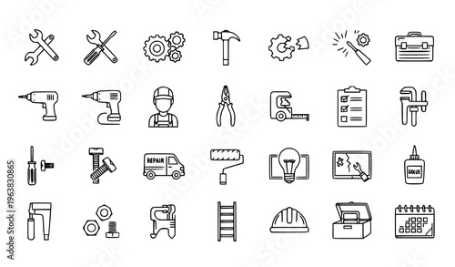 Repair Service Outline Icons Set Editable Stroke Maintenance Tools Technician Vector Collection