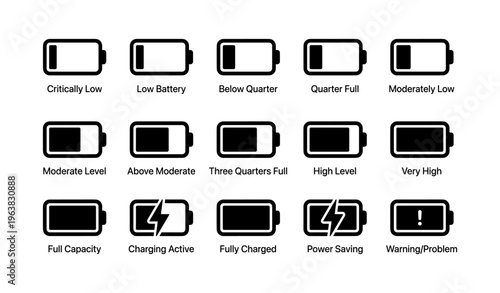 Battery icons displaying various charge levels and status indicators