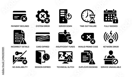 Error icons depicting system failures and booking issues in black and white