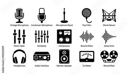 Audio equipment icons set: microphones, mixer, eq, compressor, reverb, delay, headphones, audio interface