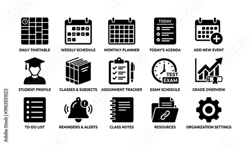 Education icons: timetable, schedule, planner, agenda, student profile, grades