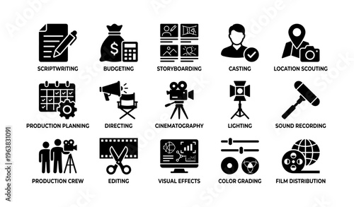 Film production icons including scriptwriting, budgeting, editing, cinematography, casting, and directing