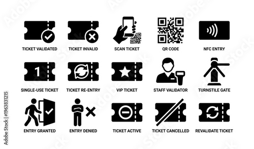 Ticket icons: validation, qr, nfc, entry, access, re-entry symbols