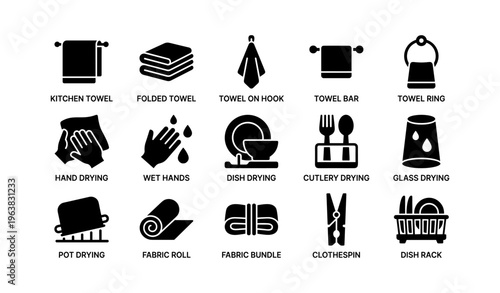 Icon set of household drying and storage tools for kitchen and bathroom
