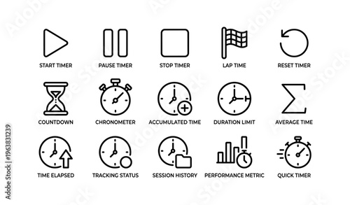 Timer and stopwatch icon set with various time management symbols