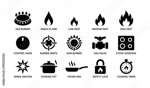 Gas stove icons: burners, flames, cooking tools, safety features