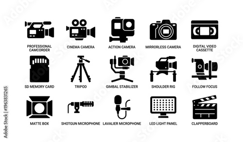 Icons of filmmaking tools: cameras, microphones, tripods, and accessories