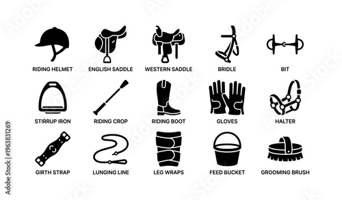 Equestrian equipment icons: helmets, saddles, bridles, bits, and more